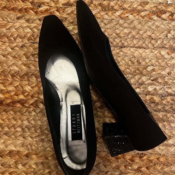 Stuart Weitzman Black glitter vintage kitten heels pointy toe - Picture 2 of 4